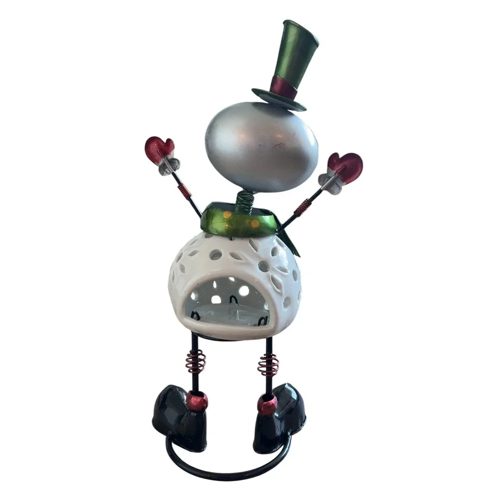 Vintage Pier 1 Snowman Bobblehead Candle Holder Tealight Metal Statue Christmas